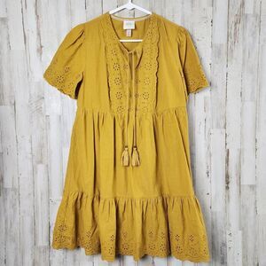 Knox Rose Eyelet Short Sleeve Boho Dress Mustard Size XS